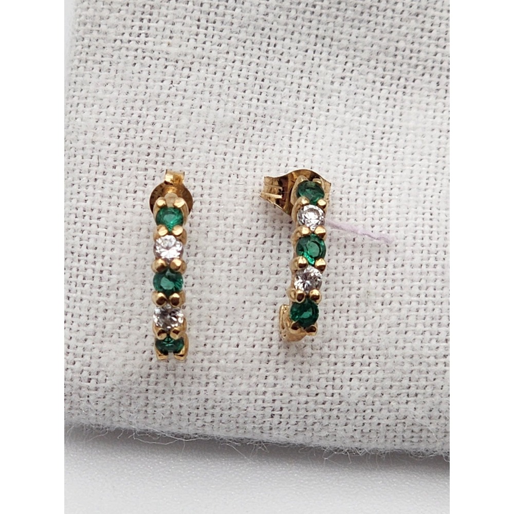 Vintage 10K Gold Half Hoop Huggie Post Earrings With Diamonds And Emeralds